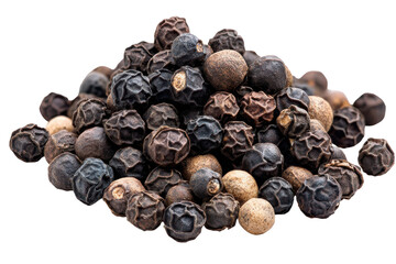 Obraz premium Heap of whole black peppercorns isolated on transparent background. Pile of mixed peppercorns showing black white red and green varieties isolated on white background.