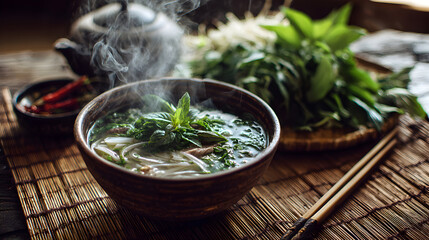 Steaming bowl of herbal noodle soup