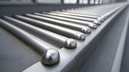 Parallel metal rungs with rounded caps create a clean modern architectural pattern receding into perspective