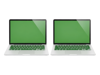 Two laptops with green screens isolated on transparent background isolated on transparent background