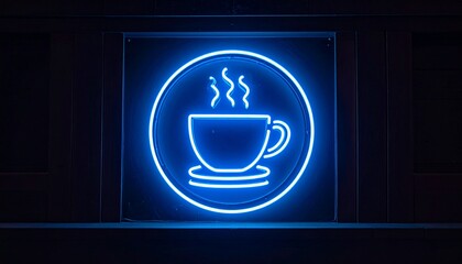  Neon style logo of food point with glowing coffee cup outline