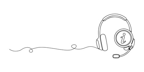 Continuous one line of a headset with information icon, representing customer information hotline, hand drawn vector illustration.