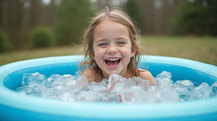 A cheerful child smiling in a blue pool filled with ice, set in an outdoor environment with a blurred natural background, Inflatable Ice Bath Concept For Home