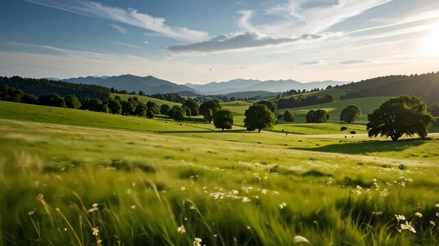 A serene landscape with rolling green hills, trees, and a bright sky, evoking peace and tranquility.