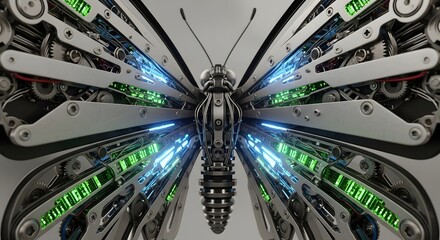 Futuristic robotic butterfly with glowing circuits and intricate mechanical wings
