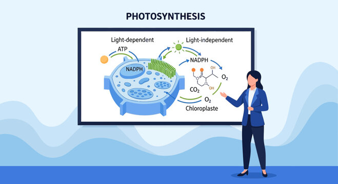 Diagram of photosynthesis with a scientist, showing the chemical process in detail