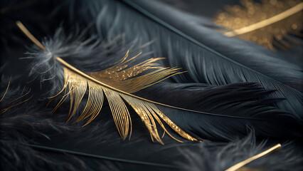 Luxurious black and gold feathers arranged elegantly