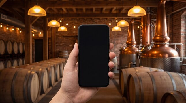 Hand holding smartphone in modern brewery or distillery with copper equipment and wooden barrels - Powered by Adobe