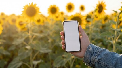 Person holding smartphone with blank screen in sunflower field at sunset