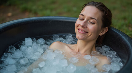 Smiling woman soaking in ice bath, surrounded by ice cubes, enjoying cold therapy in outdoor setting, relaxation concept. Ice bath pod concept