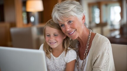 A grandmother and granddaughter share a joyful moment while looking at a laptop, showcasing love and connection across generations.