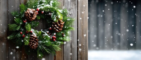 Rustic christmas wreath made of pine cones and red berries hangs on an old wooden door surrounded by falling snowflakes in winter season