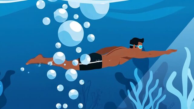 Dynamic Underwater Swimming Action Sequence Featuring a Male Diver in a Cartoon Style