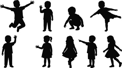 Obraz premium Silhouettes of playful children, black figures, jumping, waving, squatting, balancing, pointing, expressive movement, childhood energy, posture variety, white background