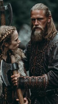 Serious viking couple warrior man and woman standing together in forest with axes