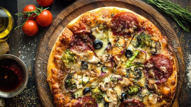A photo of a pizza placed on a wooden cutting board showcasing its delicious toppings and crispy crust A psychedelic pizza with swirling toppings