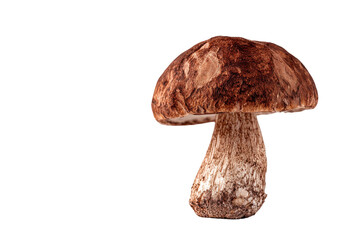 Single brown boletus mushroom isolated on transparent background. Single forest mushroom with a brown cap and stem isolated on white background.