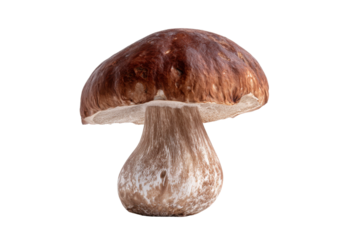 Edible porcini mushroom isolated on transparent background. Edible boletus mushroom with detailed texture isolated on white background.