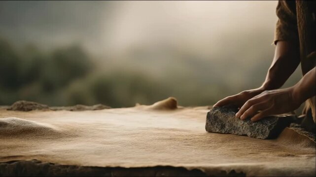 Man hands using a rough stone for processing animal hide on an ancient leather tanning table. Prehistoric primitive skill.
