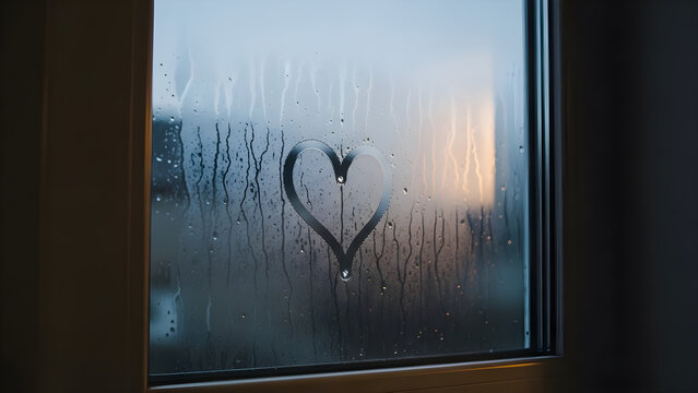 Heart on Foggy Window &ndash; Emotional Sunrise Moment for Valentine&rsquo;s and Lifestyle Projects