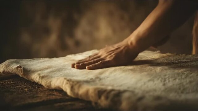Man hand processing a large animal hide for preservation, illustrating ancient human survival craft and primitive tool use