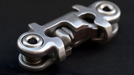 Detailed metallic hinged connector with a brushed silver sheen showcasing intricate joint design against a dark background