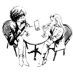 Hand drawn fashion illustration of a same sex female couple sipping lemonades on a romantic terrace. View from above. They wear high heels and trendy clothes. African and caucasian descent. 