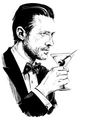 Portrait of a gentleman in a tuxedo and bowtie, who is gazing intently as he is about to sip from his martini glass. Illustration drawn by hand. 