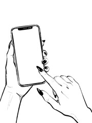 Illustration of a smartphone held by one female hand, while the other touches the screen. Elegant, manicured hands with long nails. Drawn by hand.