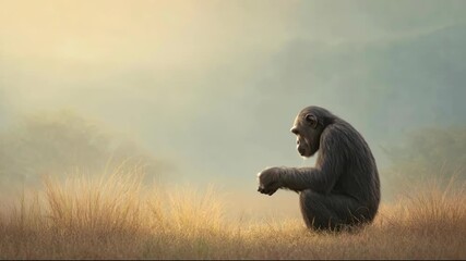 Chimpanzee seated in grassland looking around, animal behavior and nature in wilderness. Australopithecus concept.