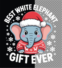 Obraz premium A charming cartoon elephant is joyfully dressed in a festive holiday sweater and santa hat with snowflakes around it, perfectly encapsulates the spirit of the season.