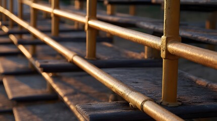 Weathered yellow railing and wooden bleacher seats bathed in warm golden hour sunlight empty outdoor stadium
