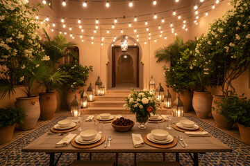 luxurious arabic night dining setup featuring floral centerpiece and golden glow