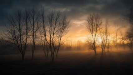 Obraz premium Bare trees silhouetted against a dramatic sunrise, fog swirling in the air, casting long shadows
