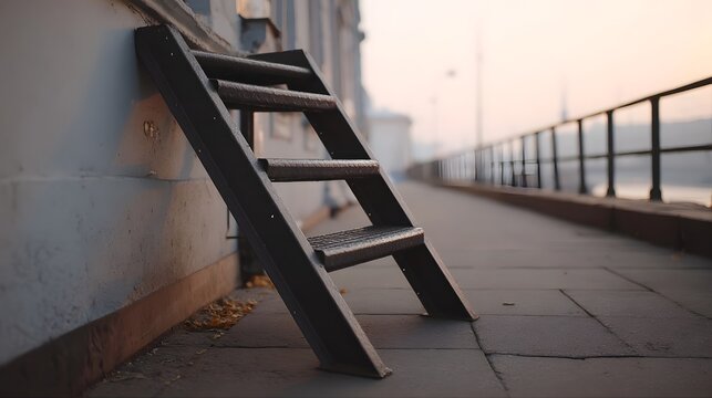 A metal staircase leans against a building wall beside a paved walkway during a hazy dawn - Powered by Adobe