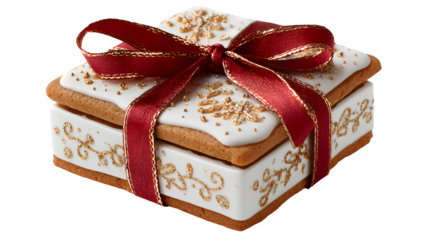 A festive red Christmas gift box wrapped with a golden ribbon and bow is a perfect holiday surprise or birthday present, isolated on white paper as a decorative golden object for the xmas season