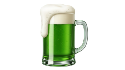 A glass mug filled with green beer and overflowing foam on top isolated on transparent background