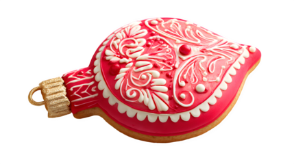 A traditional red Christmas ball with a gold pattern sits beside a Chinese New Year gift box as an isolated holiday decoration