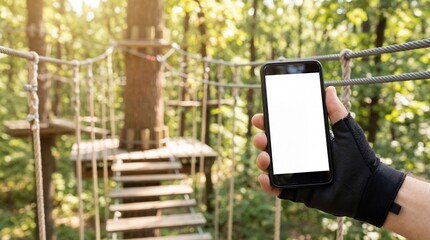 Person holding smartphone with blank screen on adventure course