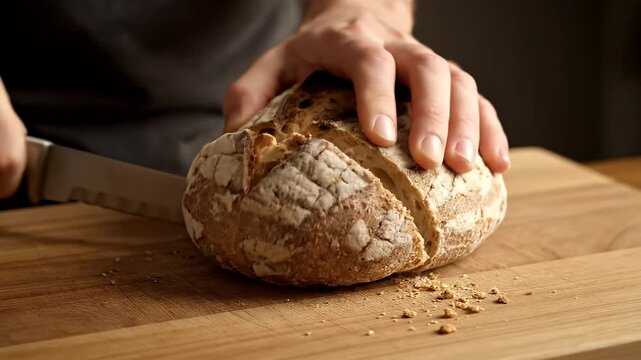 Close-up of skilled hands slicing a freshly baked rustic bread loaf on a wooden cutting board