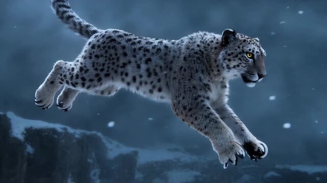 Dynamic Snow Leopard Leaps Through Wintery Landscape in Slow Motion Scenic Cinematic Footage