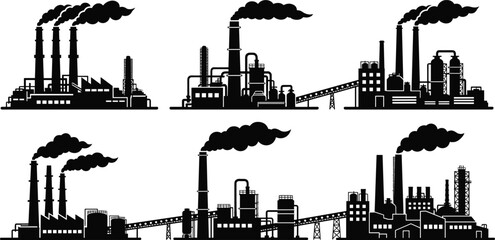 Obraz premium Silhouettes of industrial factories with chimneys, smoke, storage tanks, piping systems, and complex manufacturing infrastructure for construction and energy