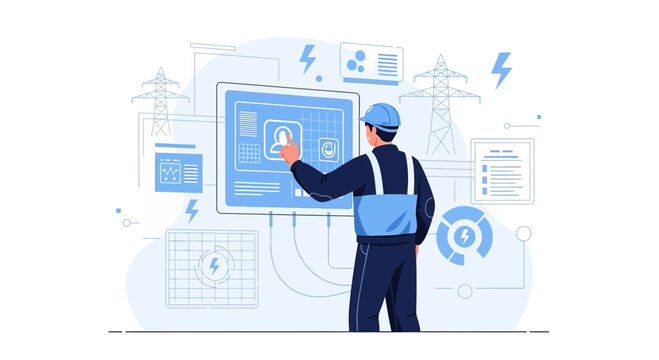 Electrical engineer using digital interface to manage power grid and distribution systems