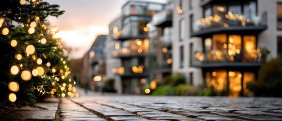 Evening street scene with modern buildings and christmas lights in winter time captured at sunset with low-angle view and ice on the ground