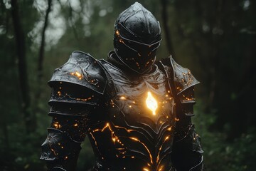 Armor-clad figure stands in enchanted forest with glowing chest emblem during twilight