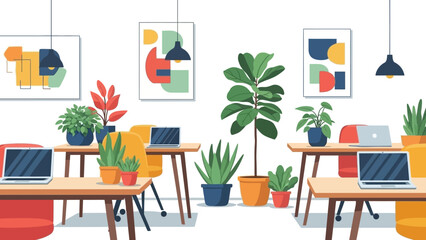 Modern open-plan office interior illustration with green plants, laptops, and abstract wall art. Healthy workspace design promoting productivity and comfort