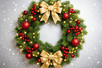Elegant Christmas Wreath with Red Ornaments, Golden Bows and Warm Lights on Snowy Background