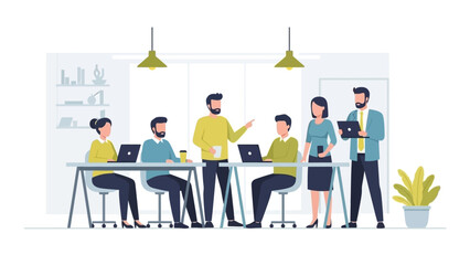 Dynamic business professionals collaborating productively at a modern office table, engaged in strategic discussions and task execution with laptops and diverse perspectives