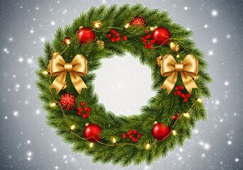 Elegant Christmas Wreath with Red Ornaments, Golden Bows and Warm Lights on Snowy Background