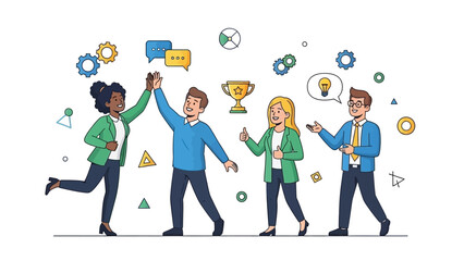 Cheerful diverse business team celebrates project success and collaborative achievements, symbolizing strong teamwork, innovation, and shared professional growth